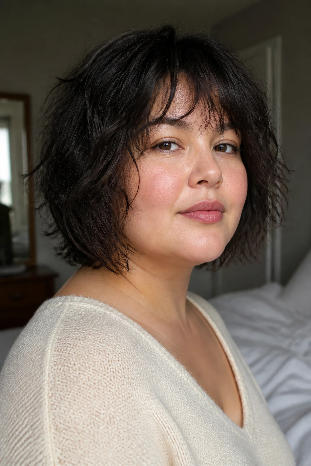 Close-up portrait of a real woman with a mid-length shaggy bob and natural waves