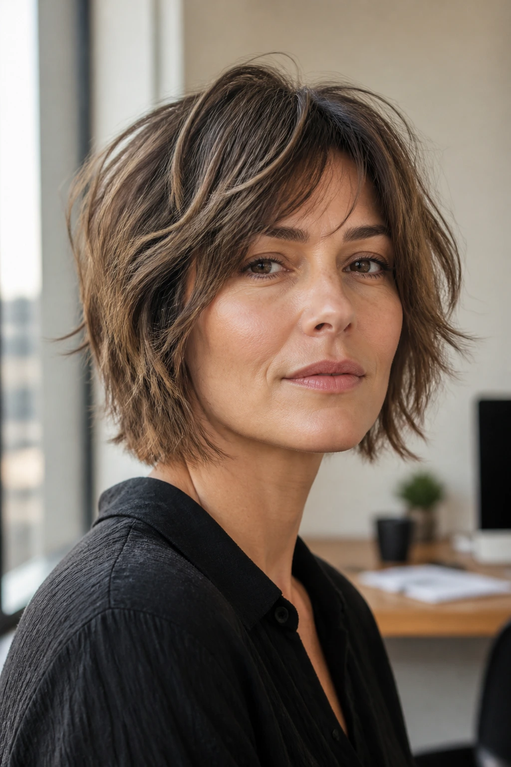 Close-up of a real woman with a textured shaggy bob in a soft office setting