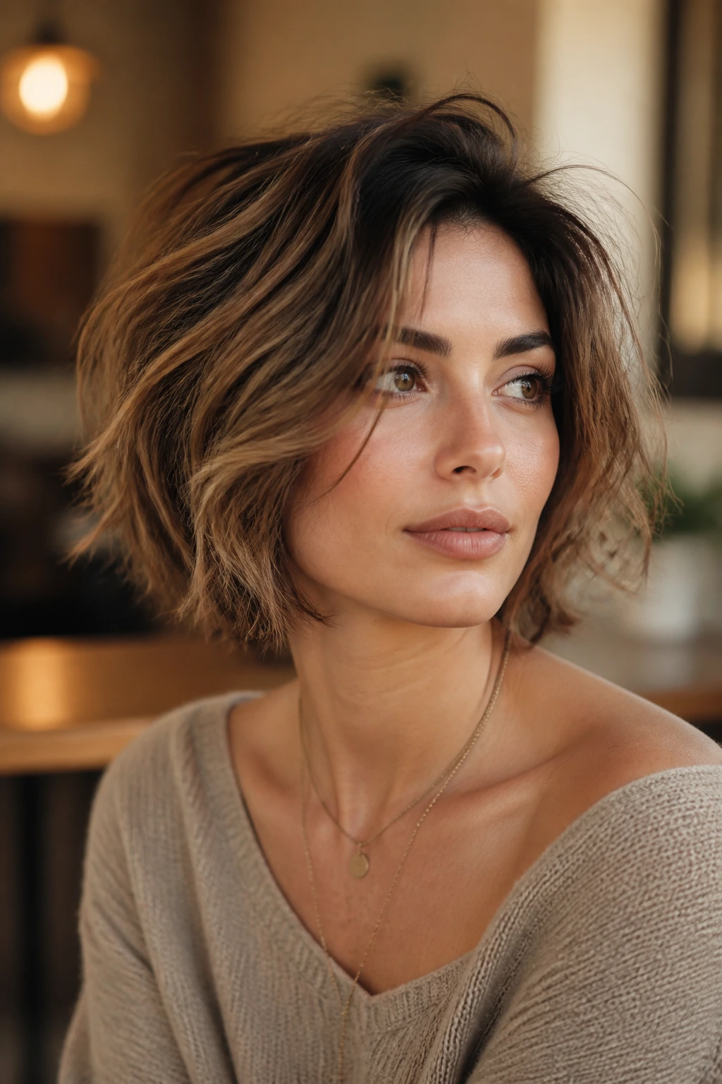 Close-up portrait of a person with deep-rooted shaggy bob showing root lift and volume.