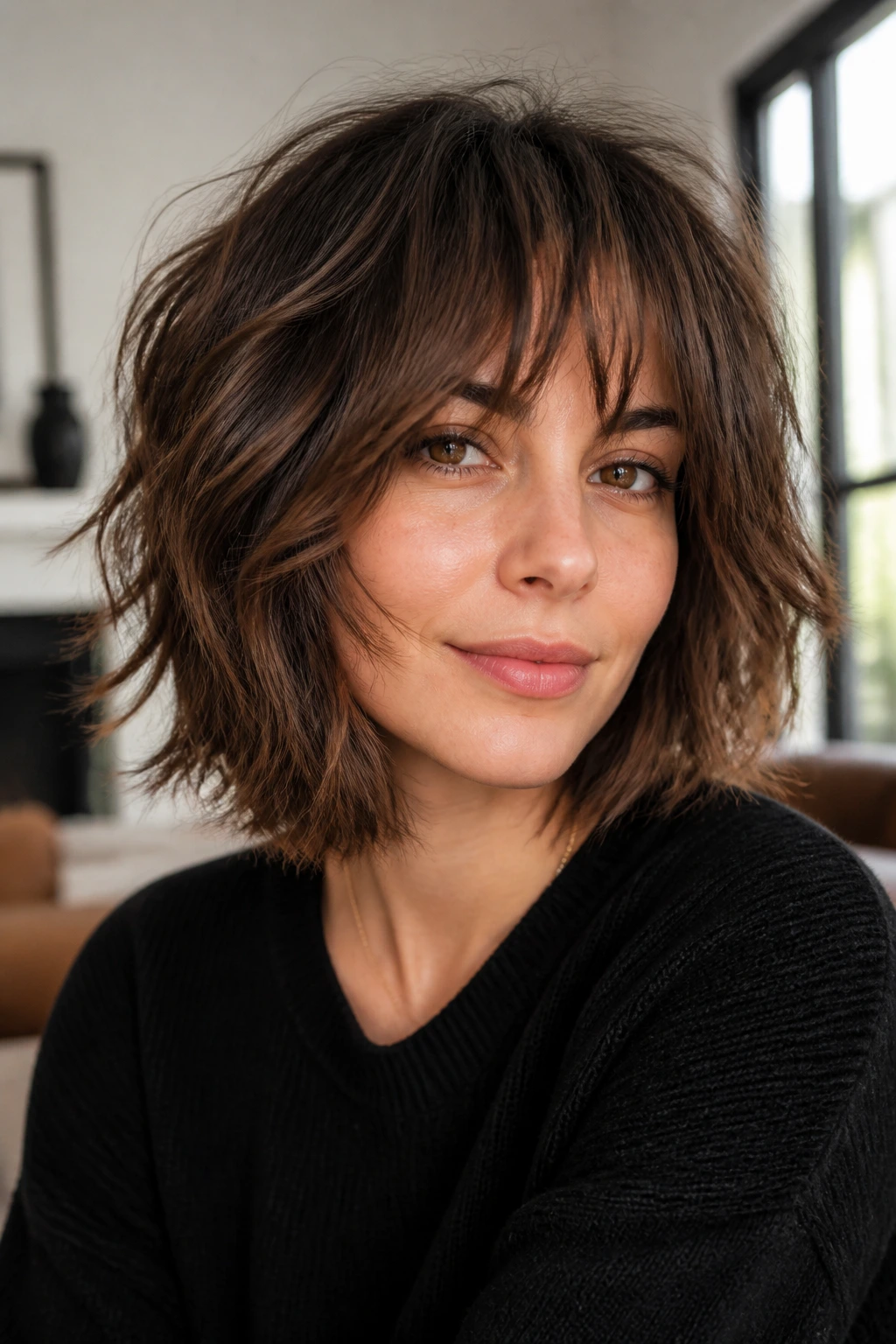 Close-up of a real woman with a shaggy textured medium bob and fringe.