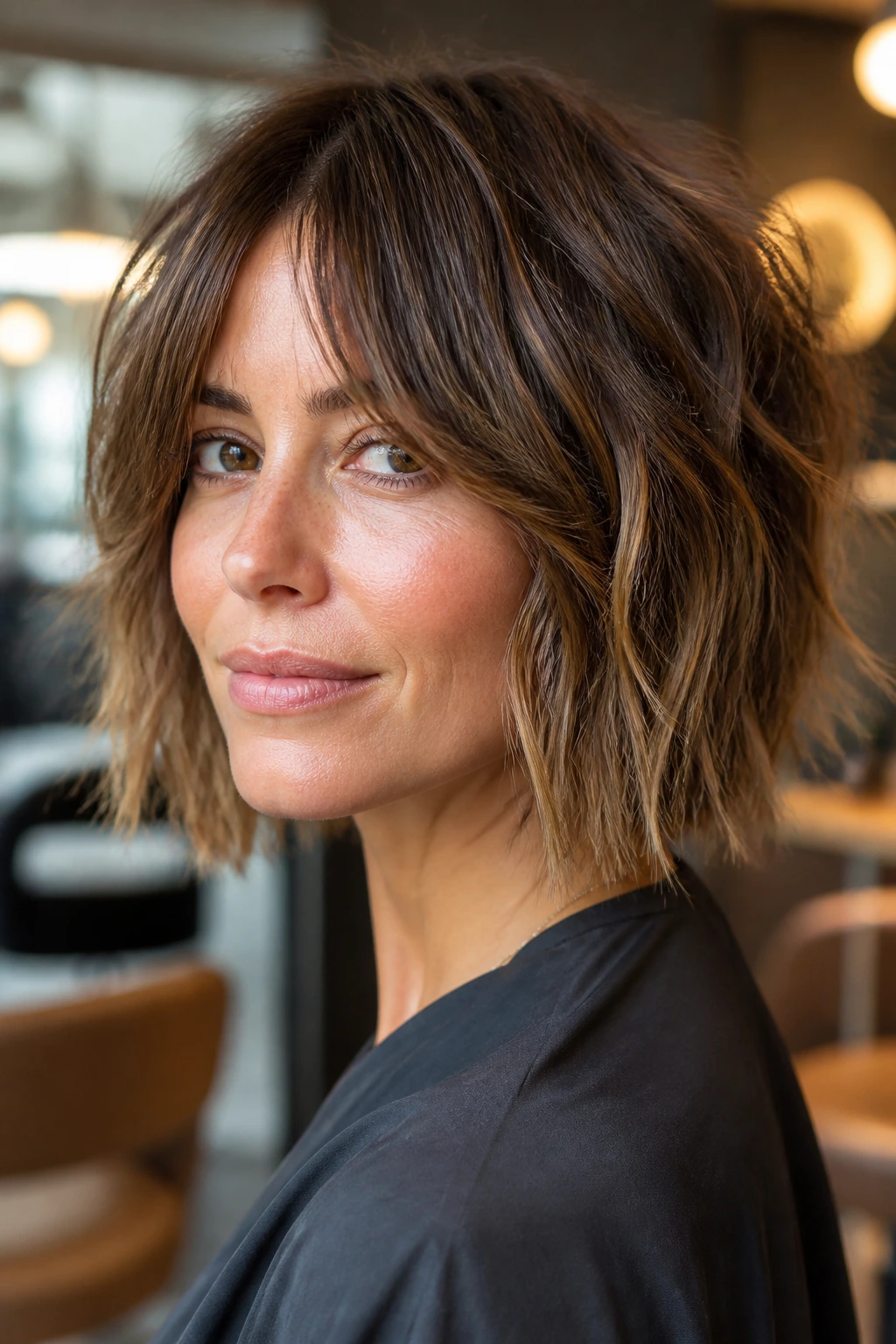 Close-up portrait of a real woman with a textured shaggy bob