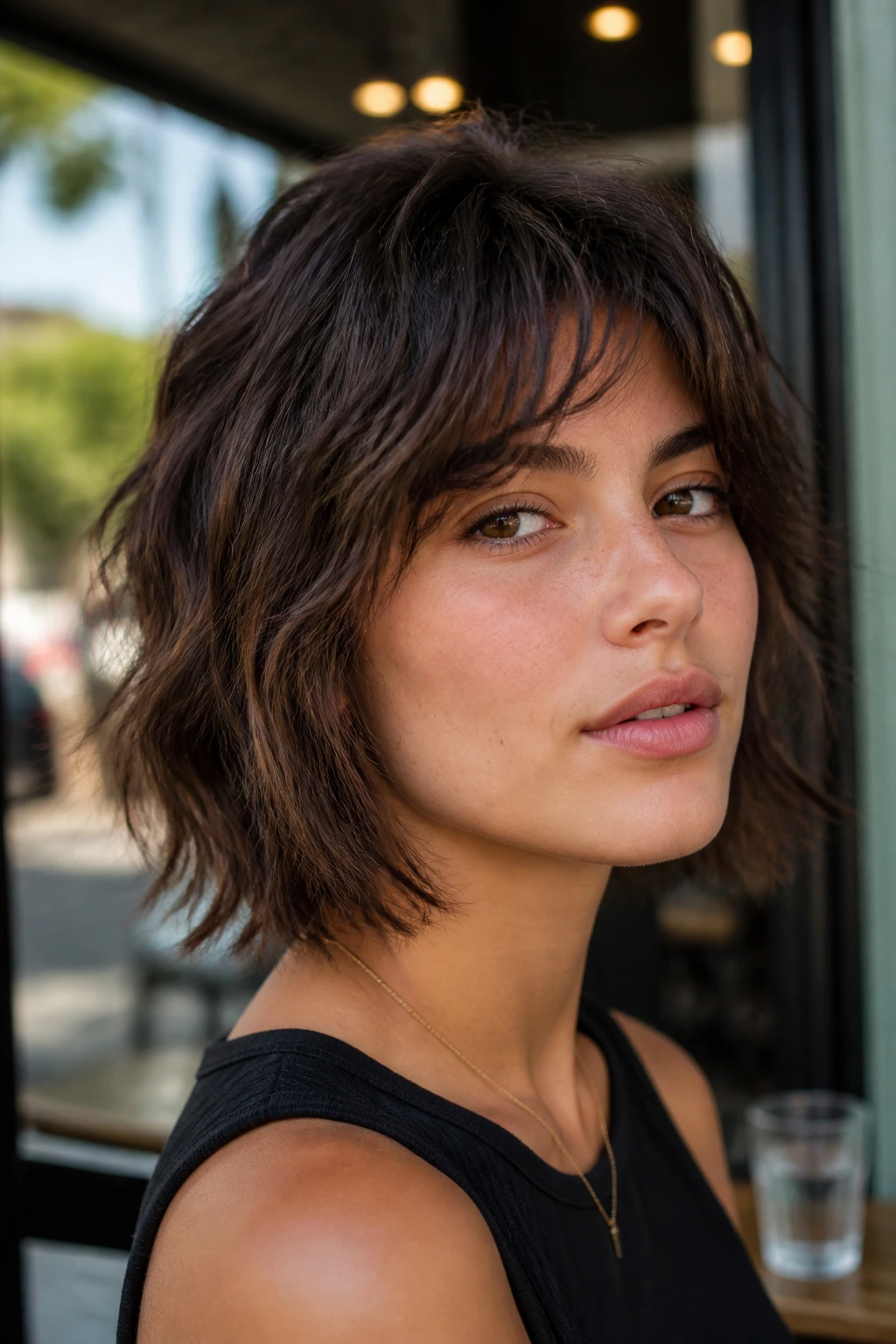 Close-up portrait of a real woman with a shaggy bob and textured layers outdoors in daylight