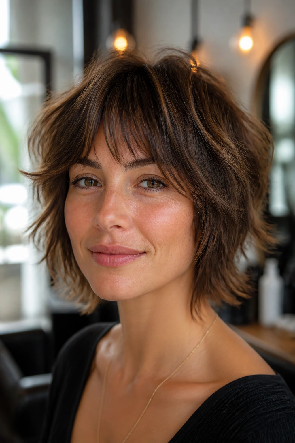 Close-up of real woman with choppy textured shaggy bob in a salon