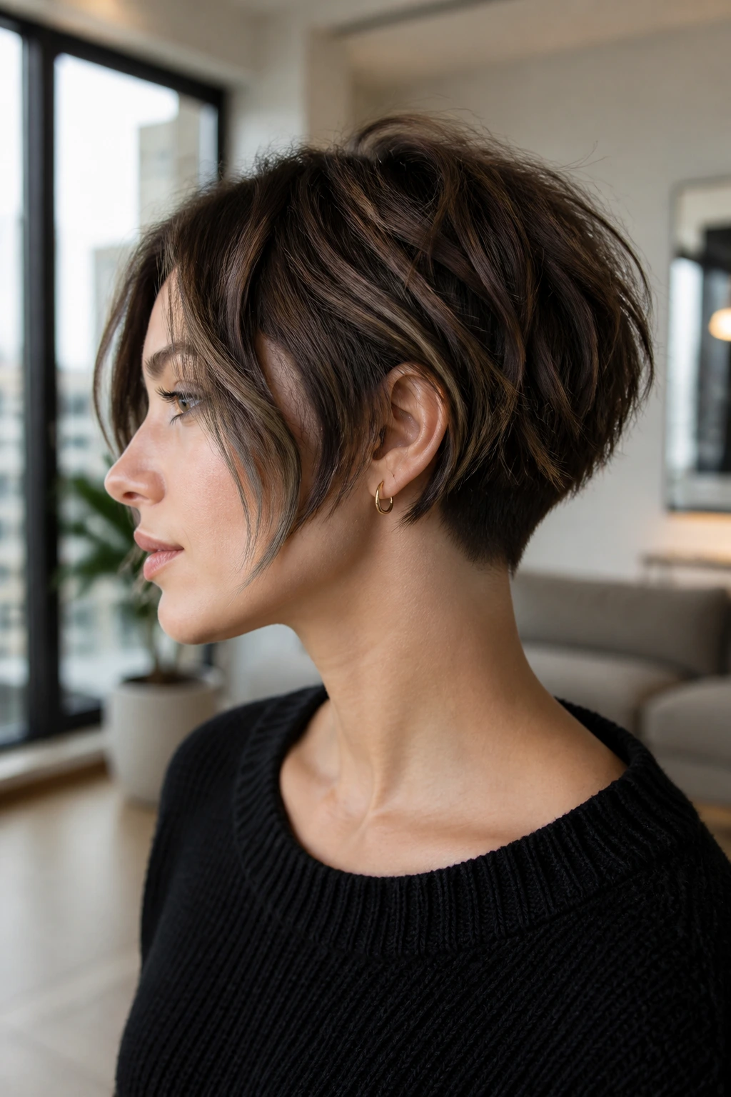 Close-up of a real person with textured shaggy bob and nape undercut in bright interior.