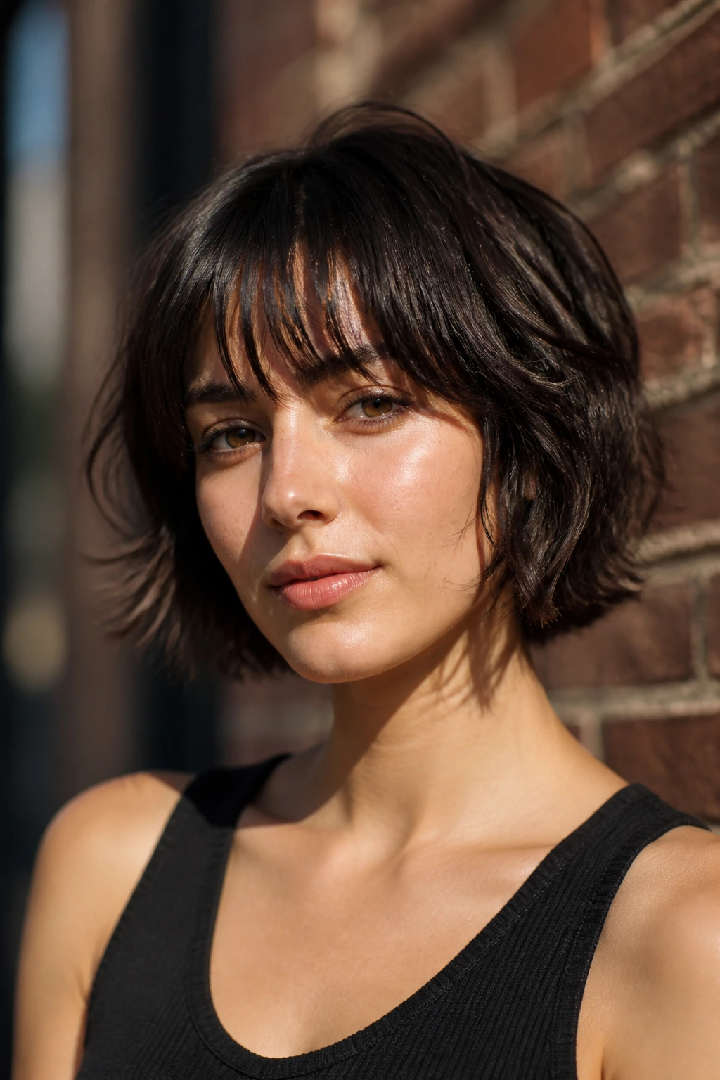 Close-up portrait of a real woman with shaggy bob and wispy bangs outdoors.