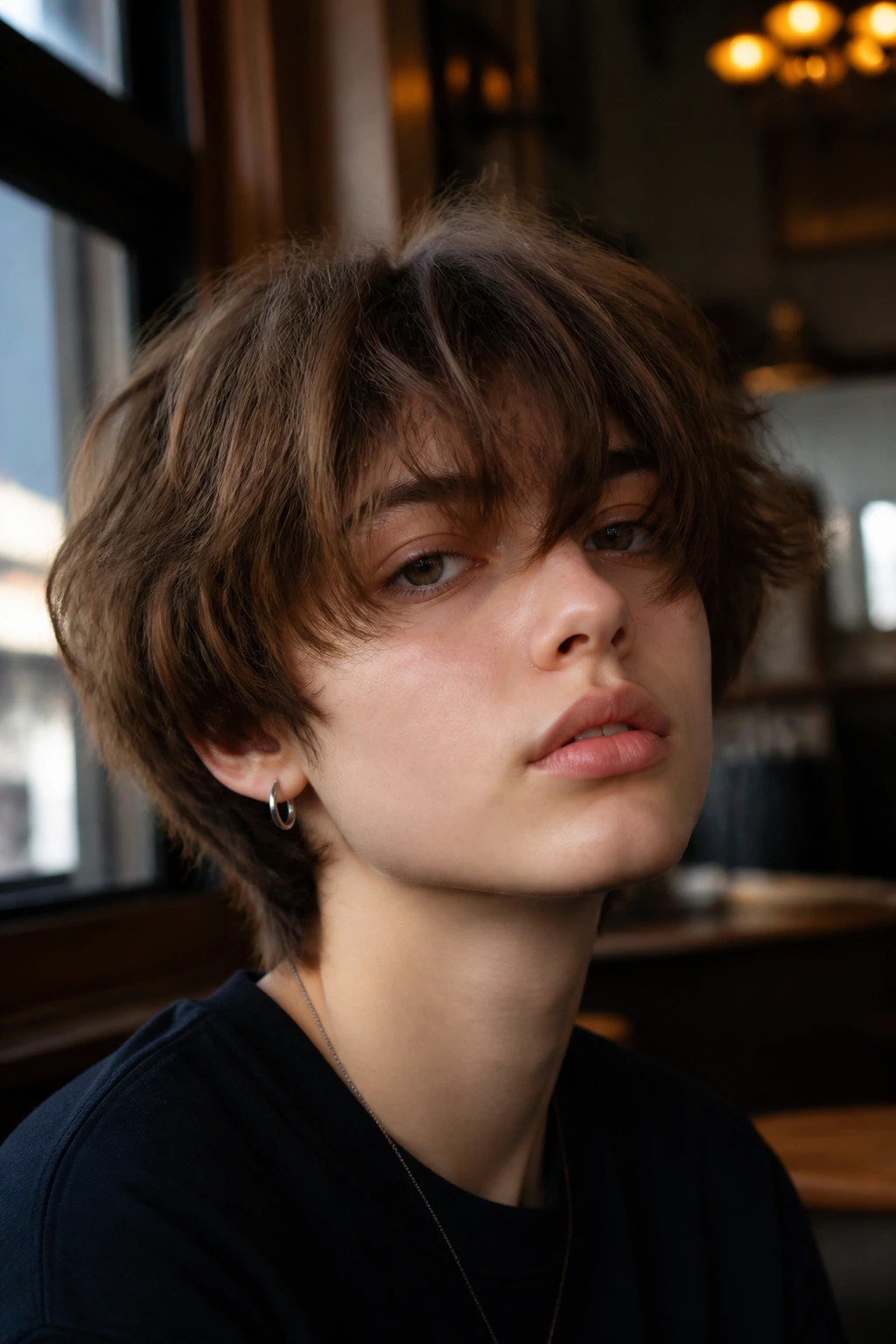 Close-up portrait of a person with shaggy bowl cut and long fringe in a retro cafe