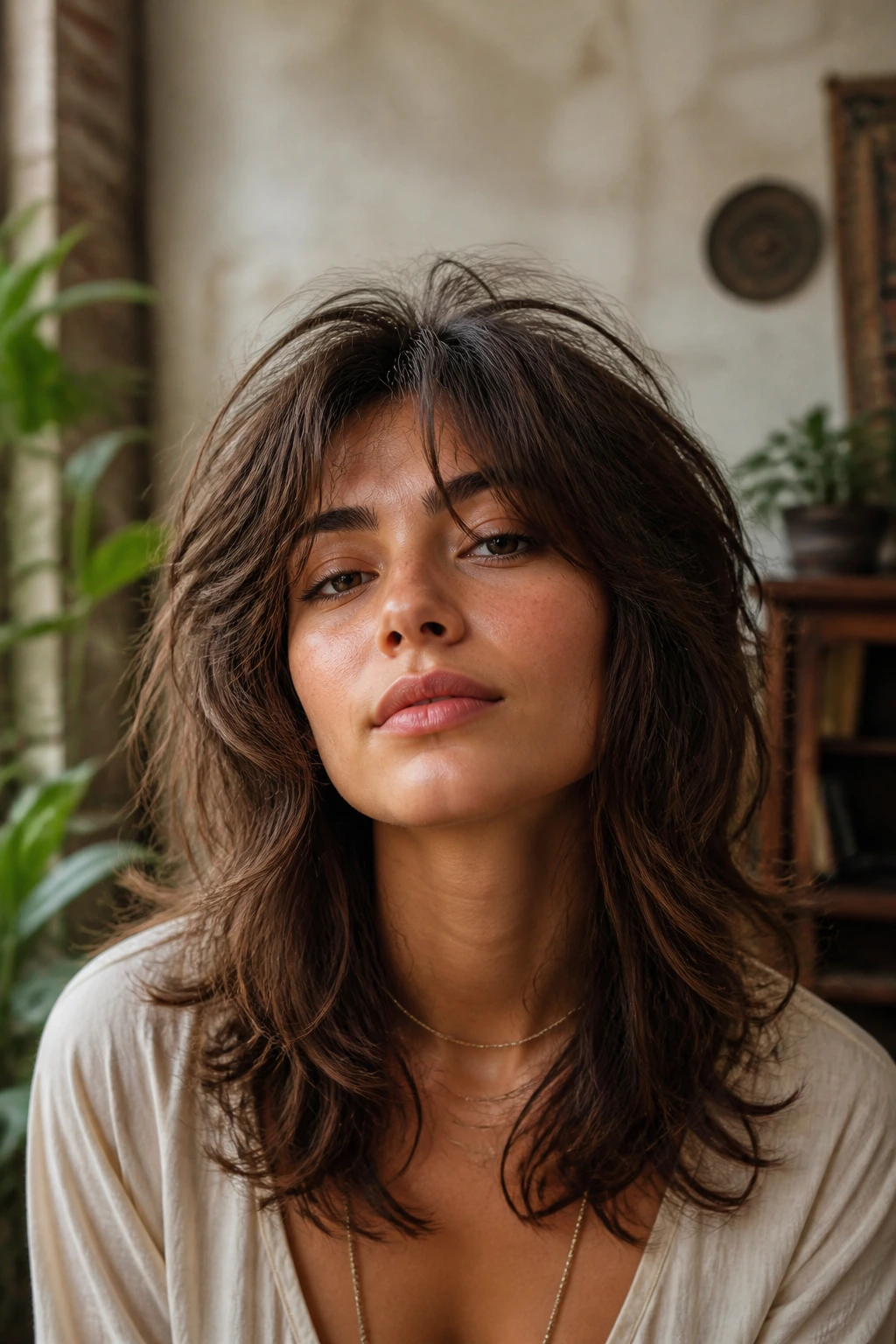 Close-up of a real woman with shaggy butterfly cut and crown volume in a boho living room