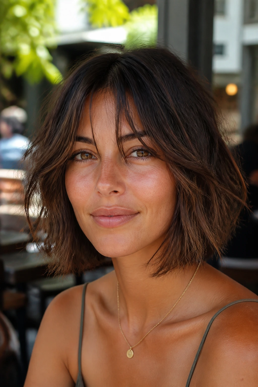 Close-up of a real woman with shaggy choppy bob and wispy curtain bangs in a sunlit outdoor cafe