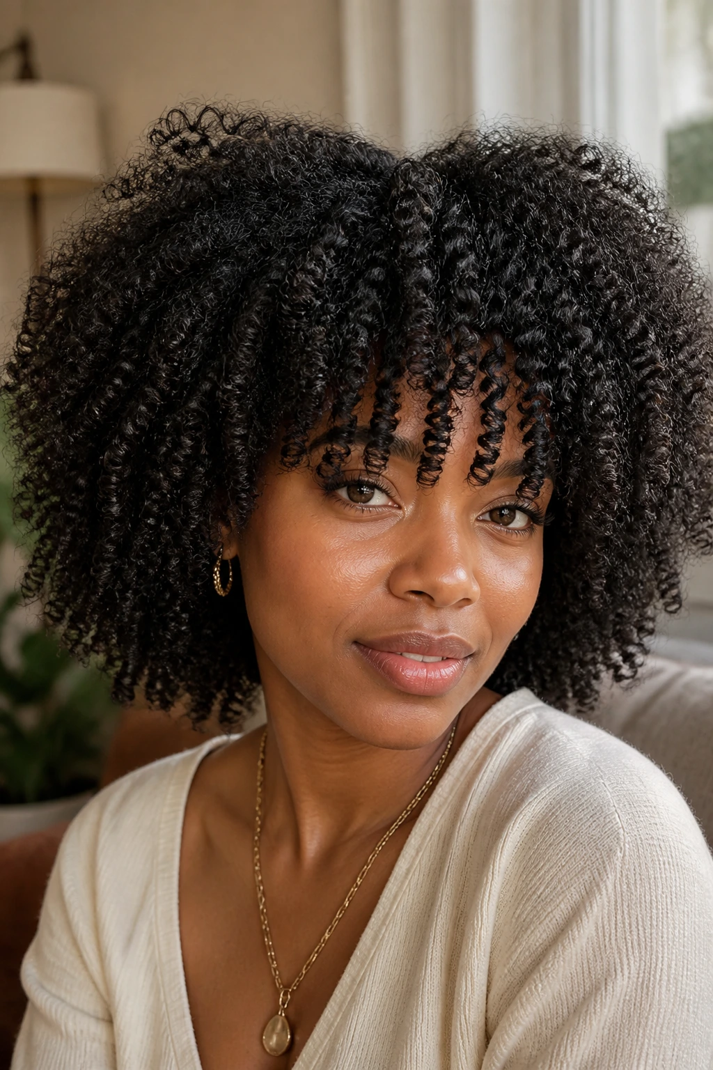 Close-up portrait of a real woman with shaggy coily fringe and natural Type 4 hair.