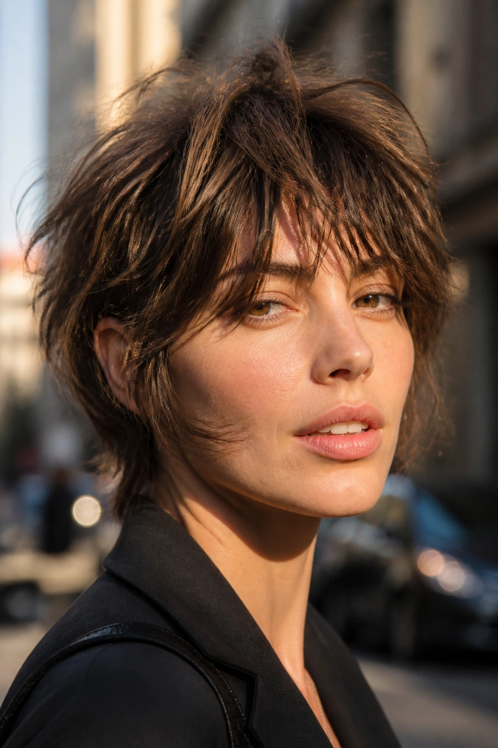 Person with tousled shaggy crop and face-framing layers