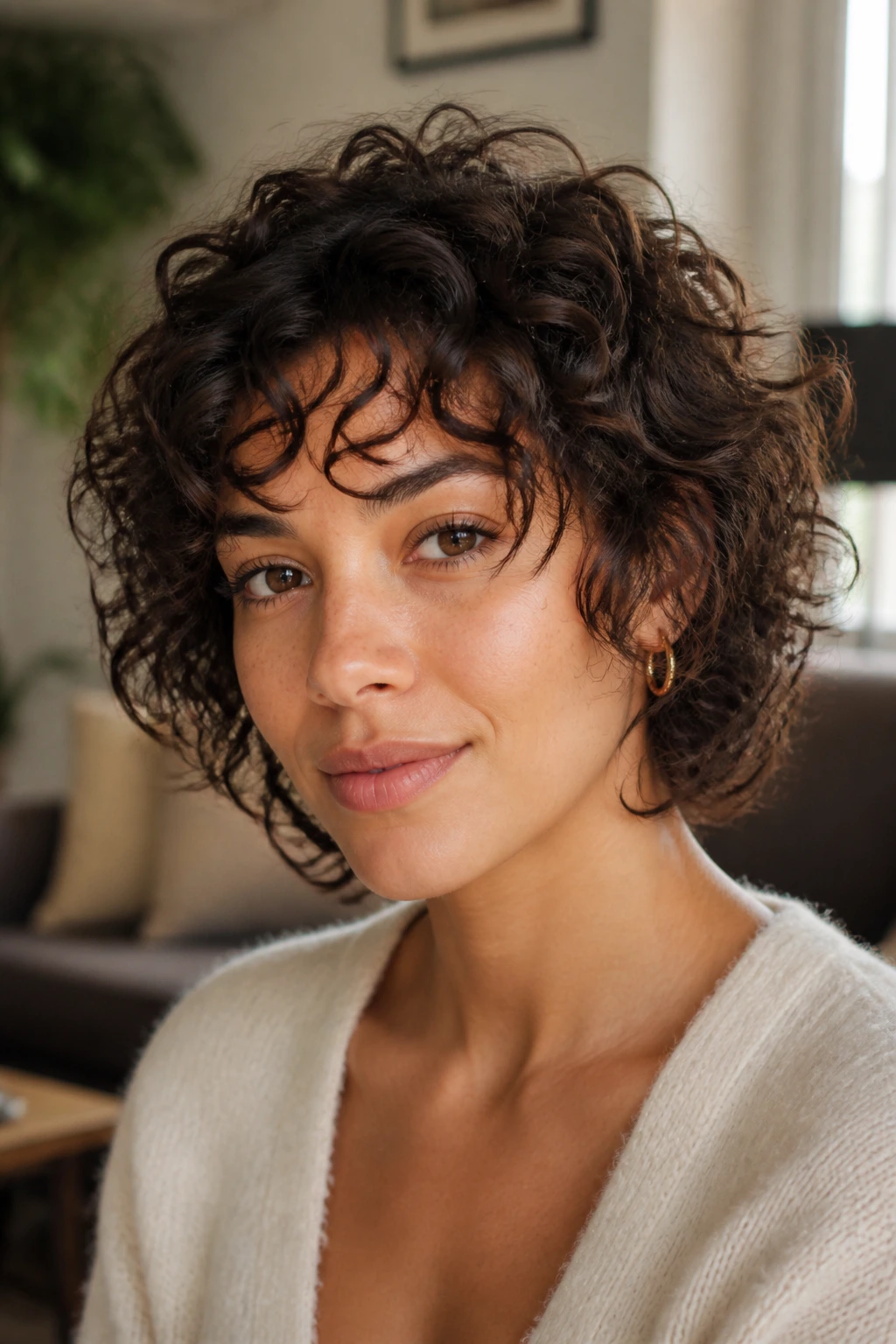 Close-up of a real person with a shaggy 3A/3B curl mix in textured layers