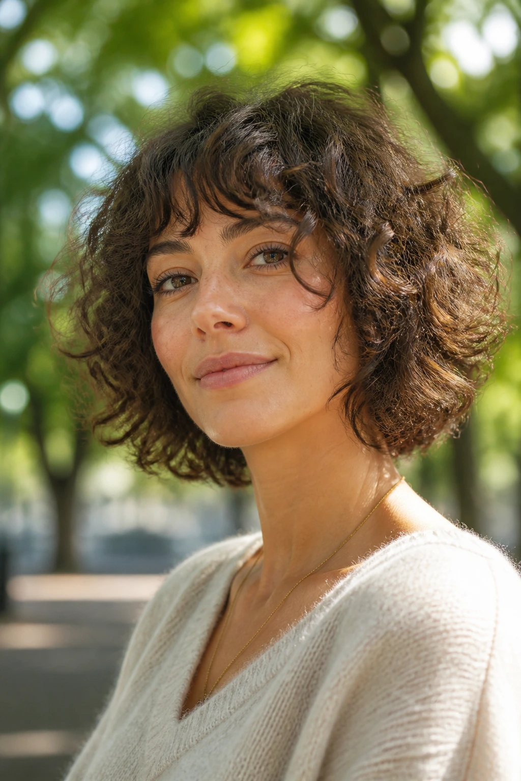 Close-up portrait of a real woman with a shaggy curly bob in a park
