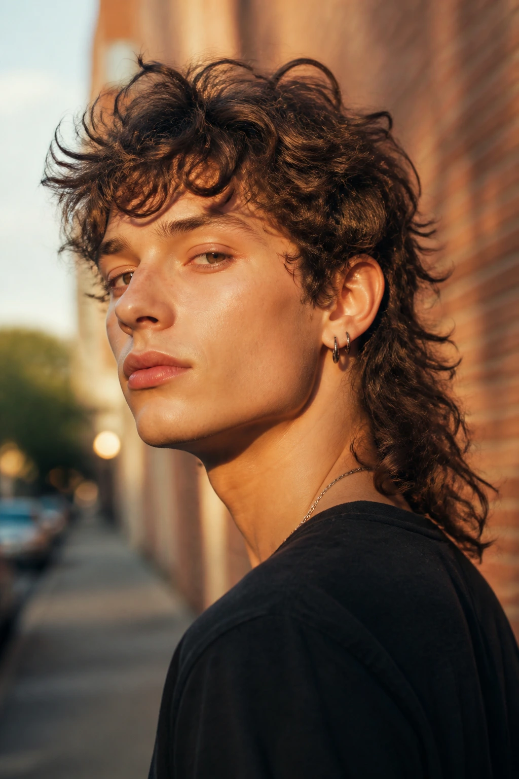Close-up of a person with a shaggy curly mullet outdoors.