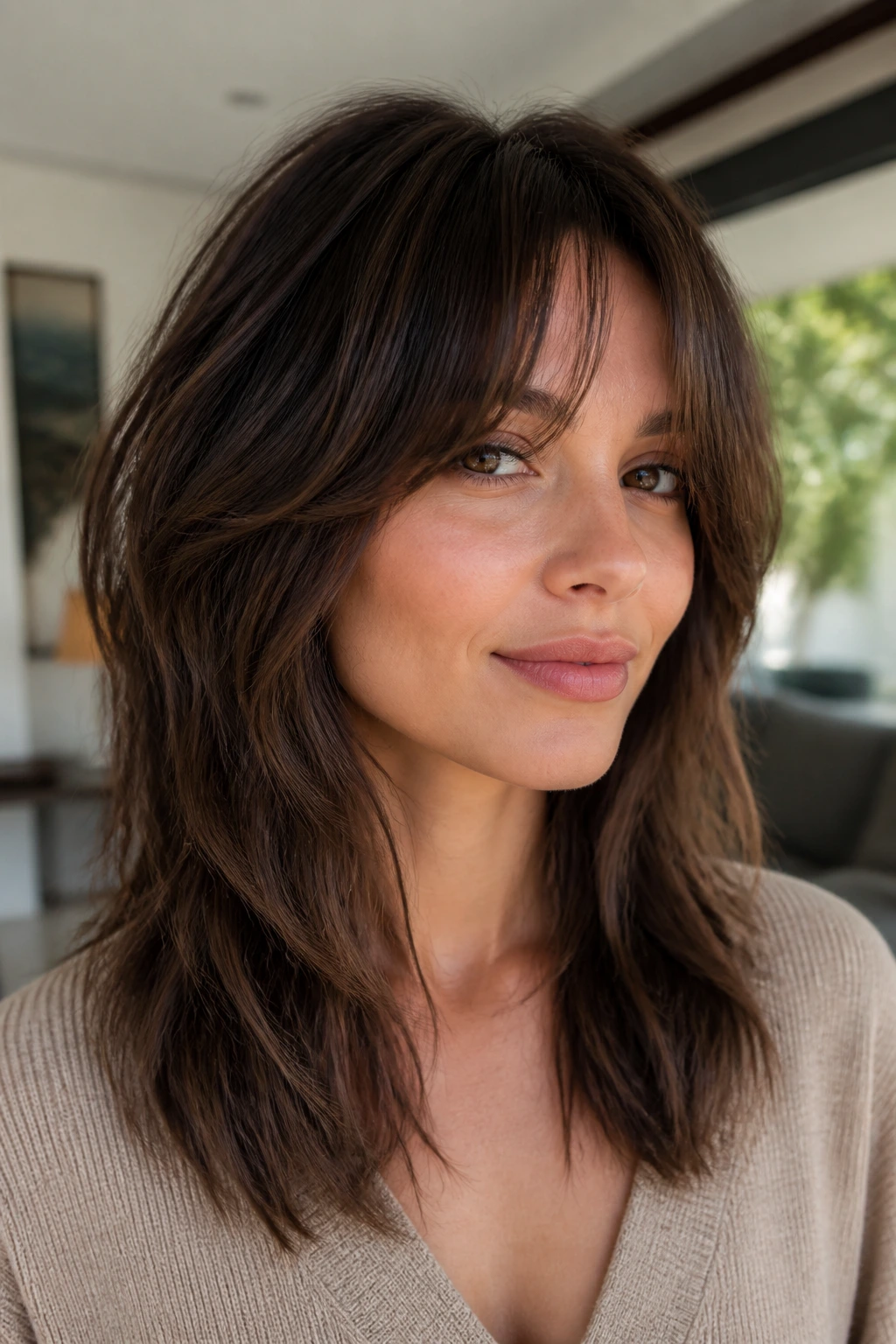 Real woman with shaggy layers and curtain bangs in living room light