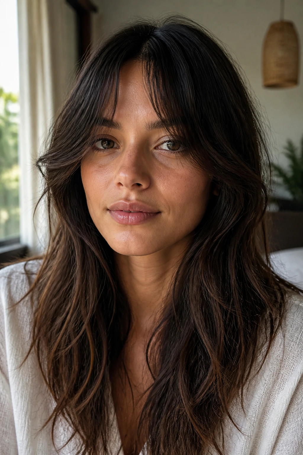 Close-up portrait of a real woman with shaggy curtain bangs split in the middle