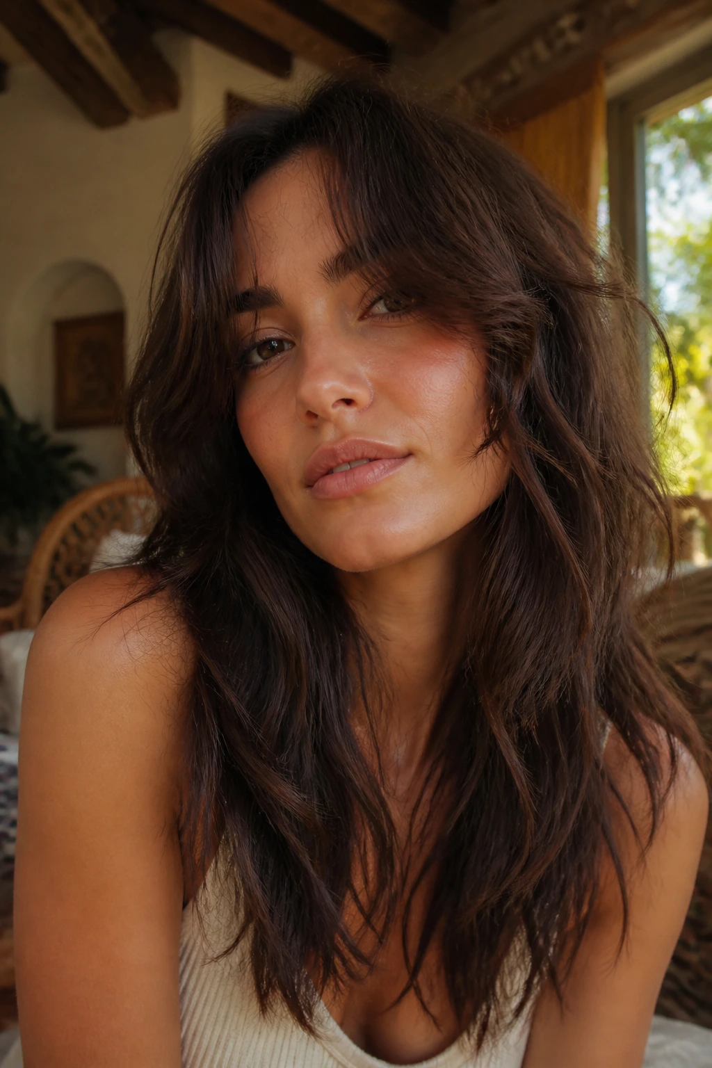 Real woman with shaggy curtain bangs and razor texture framing her face
