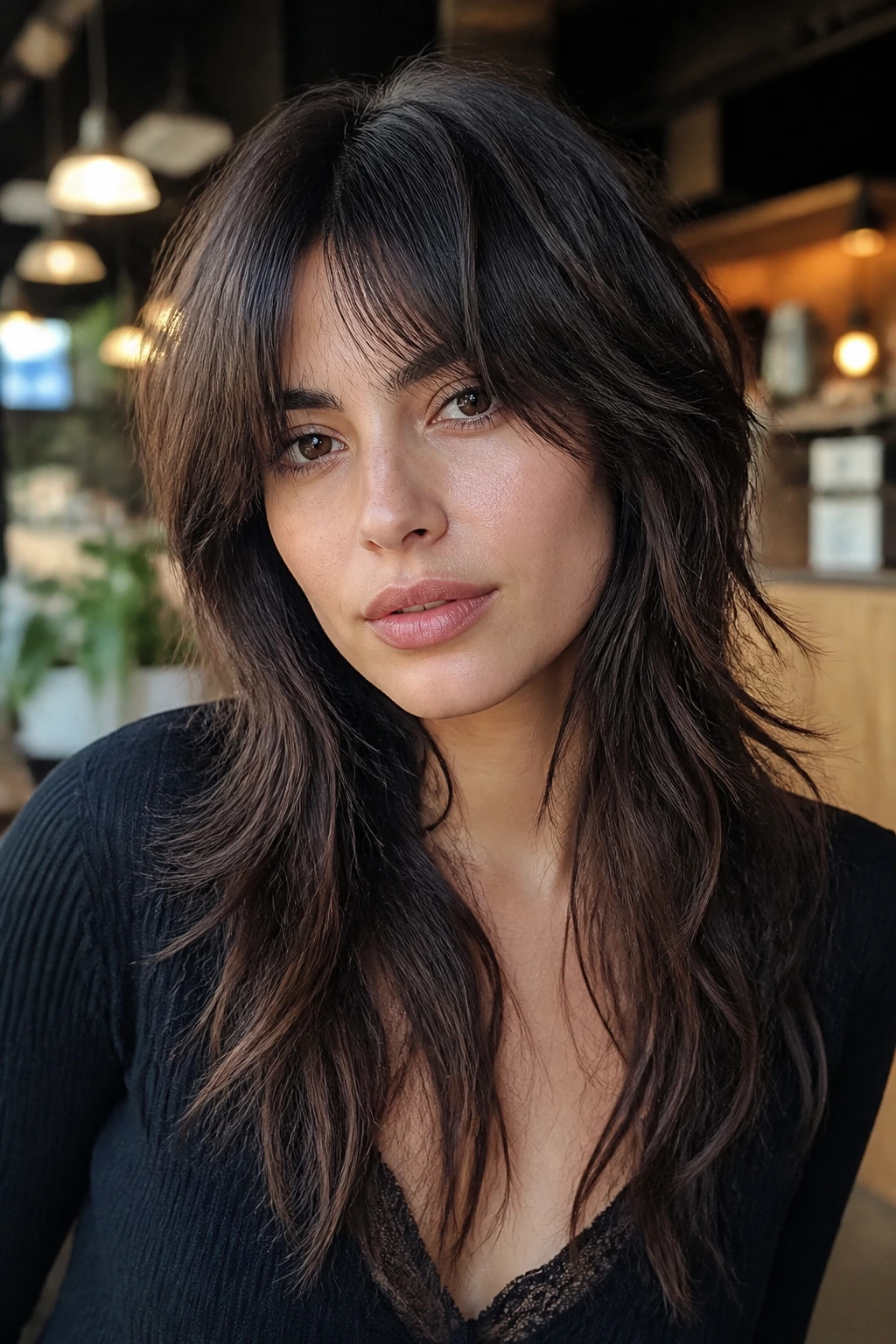 Close-up of a real woman with shaggy curtain fringe and wolf-cut layers.