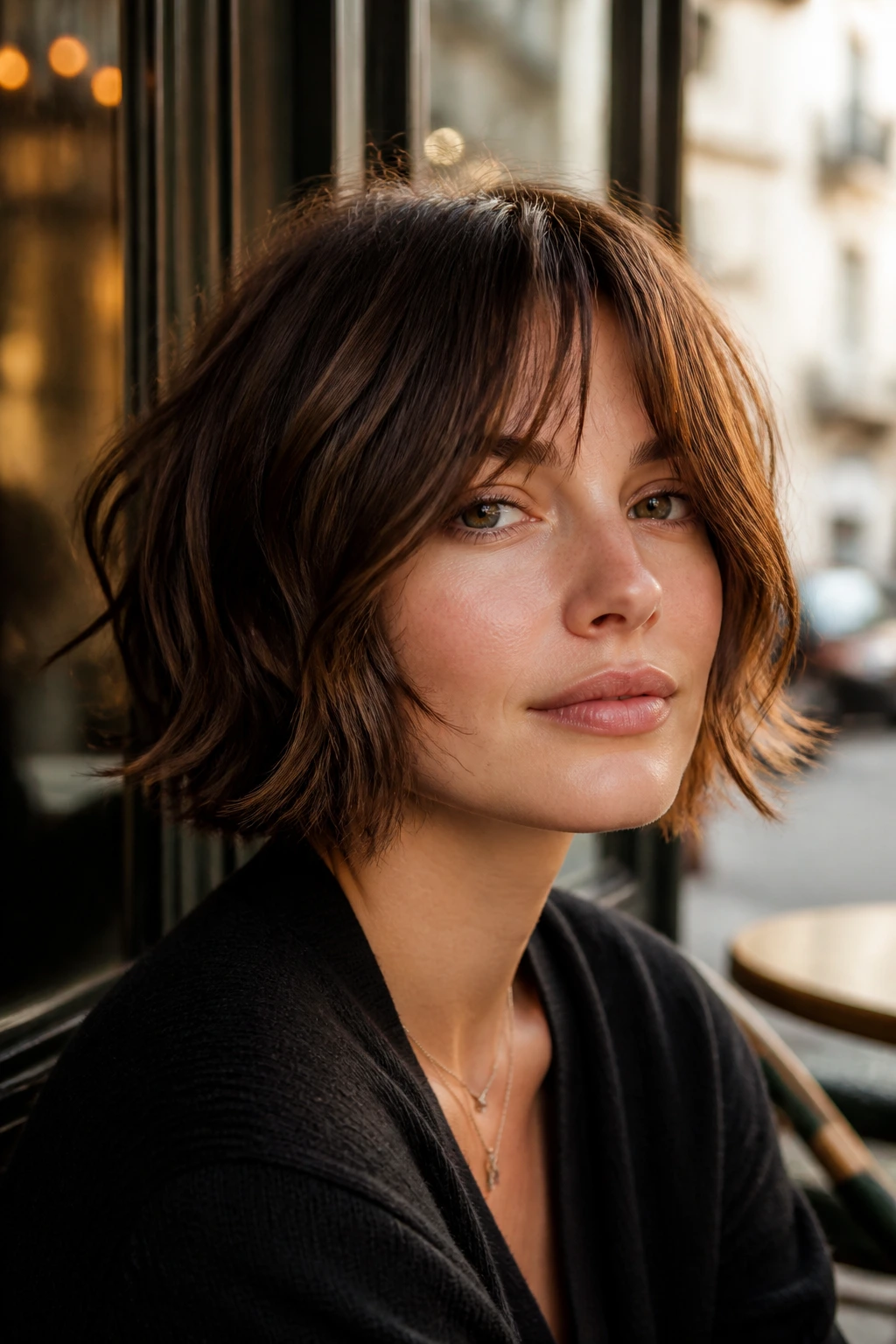 Close-up portrait of a real person with shaggy French bob