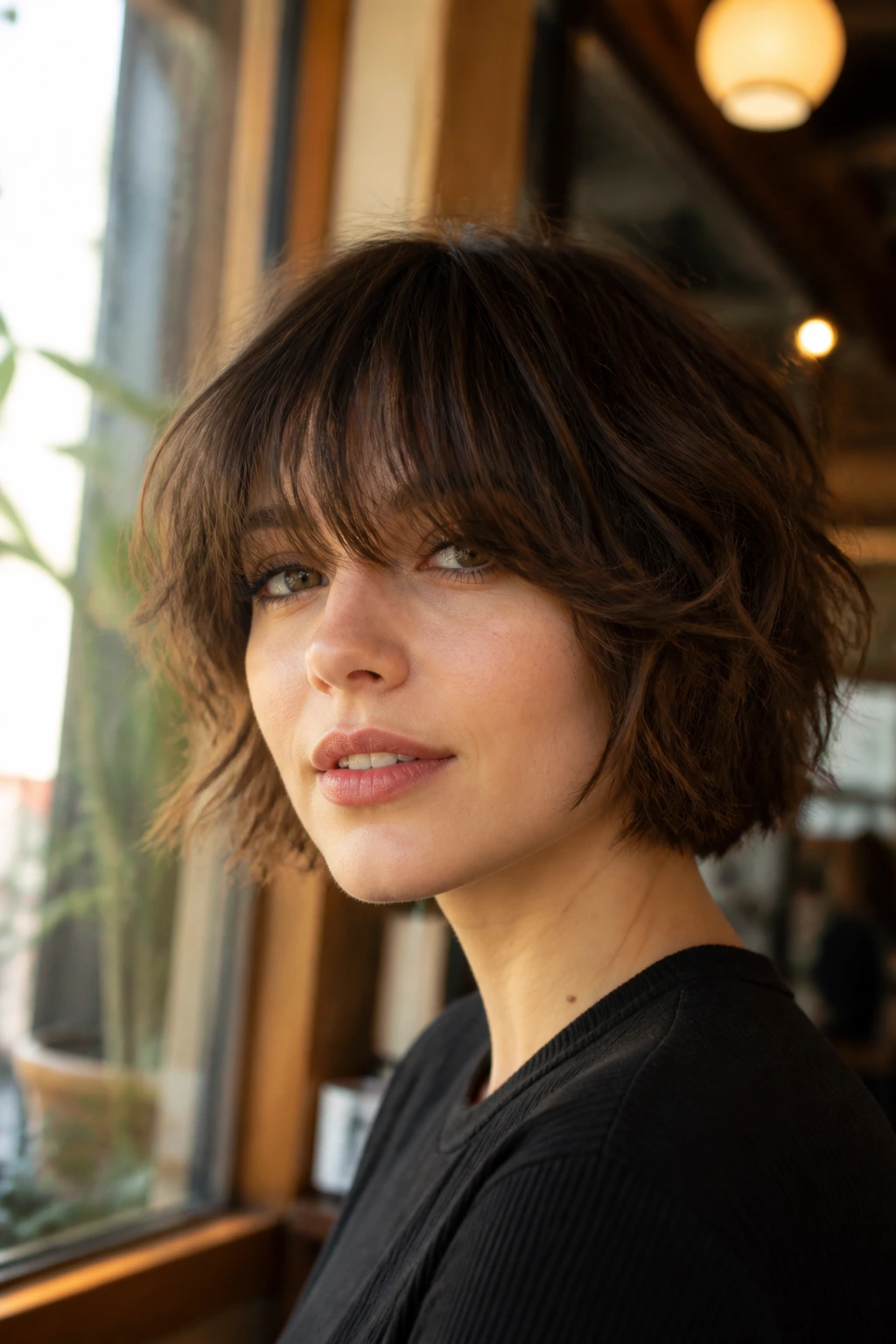 Portrait of a person with a shaggy French bob and eyelash-skimming fringe