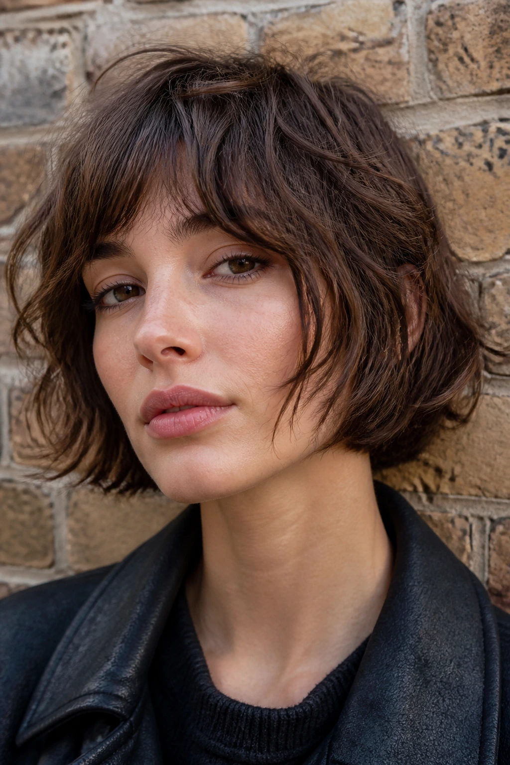 Real person with shaggy French bob against brick wall backdrop