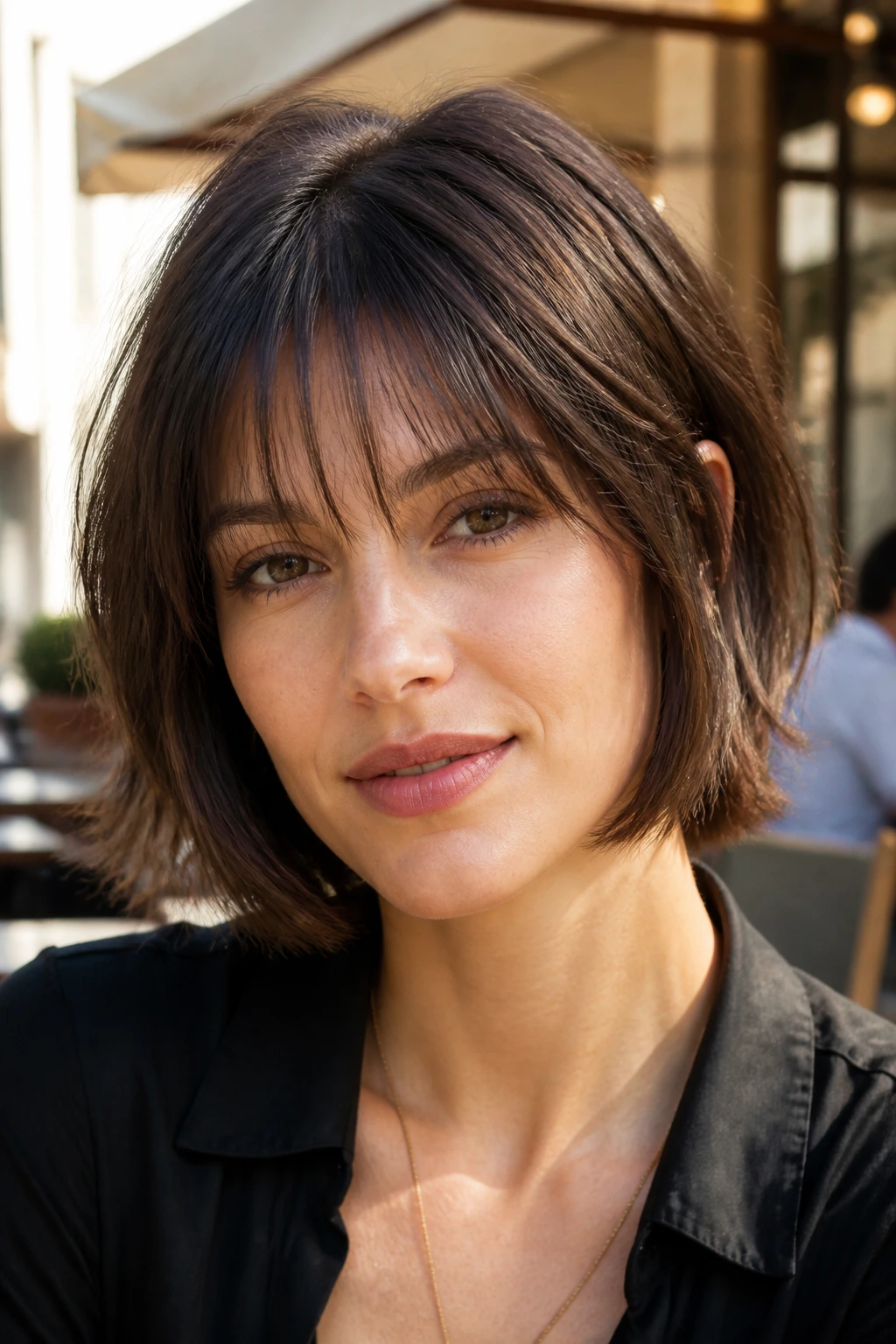 Close-up of a real person with shaggy wispy fringe on a bob