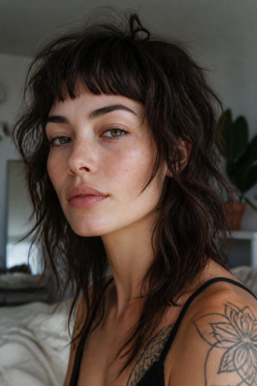 Close-up portrait of a real woman with shaggy micro fringe and face-framing layers