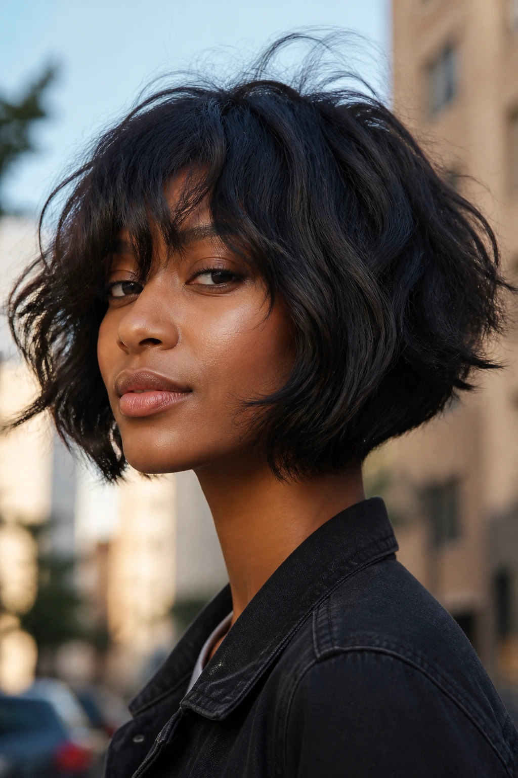 Close-up portrait of a real woman with shaggy inverted bob in outdoor morning light