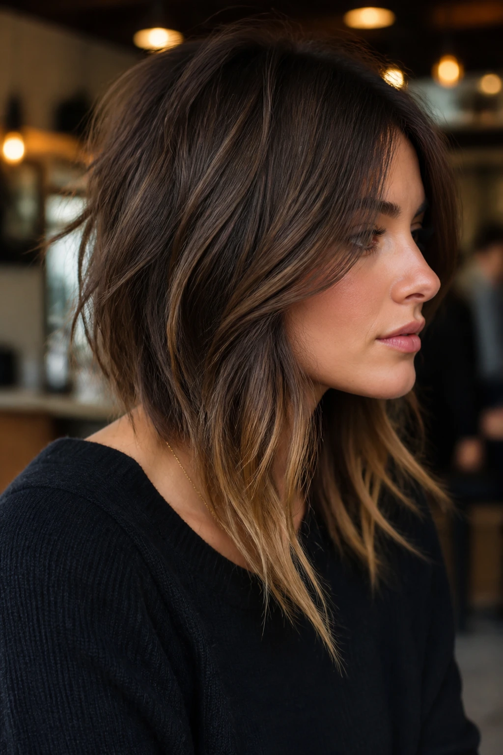 Close-up of a real person with a shaggy inverted lob hairstyle