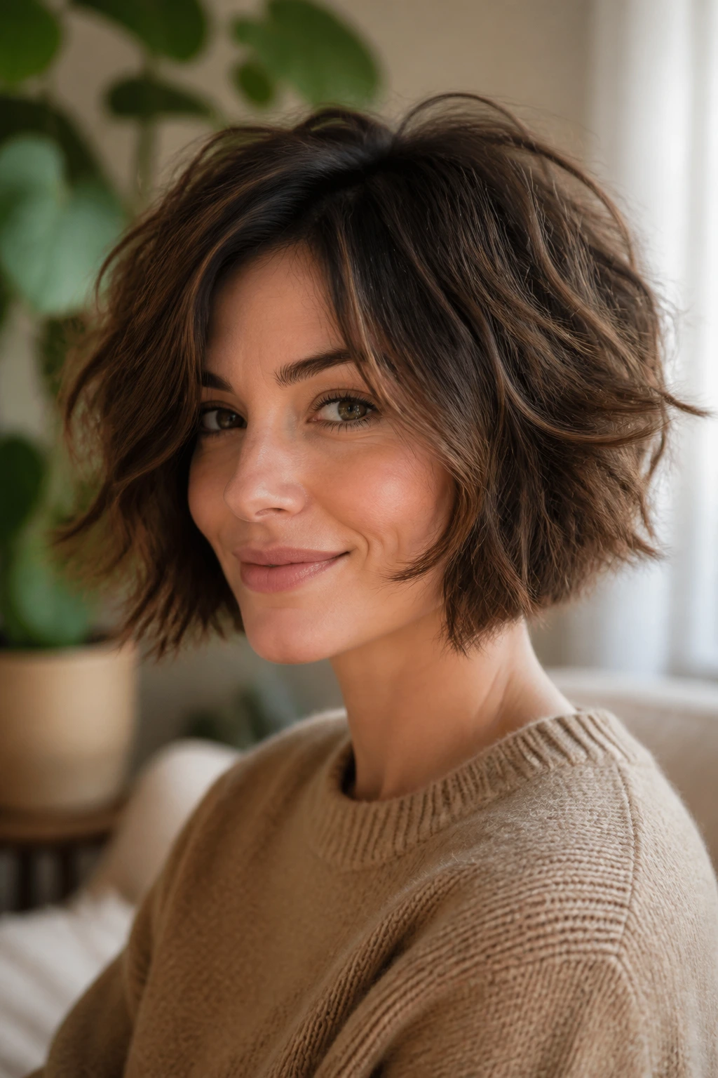 Close-up of a real woman with a shaggy layered bob and voluminous crown in a cozy living room