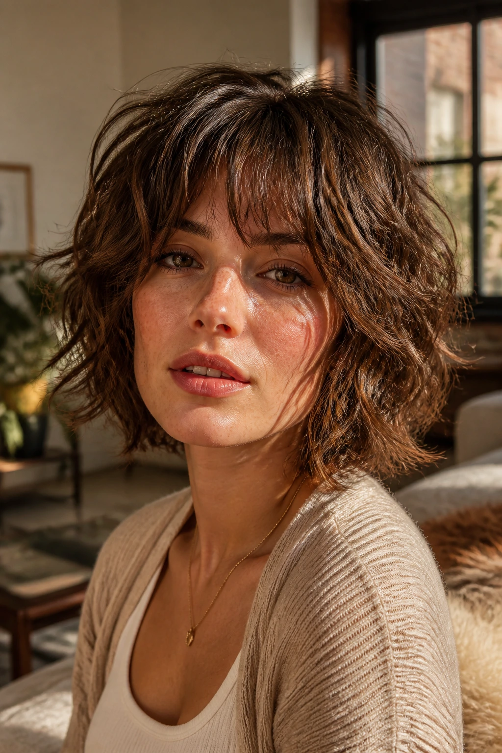 Portrait of a real woman with a shaggy layered bob and textured bangs