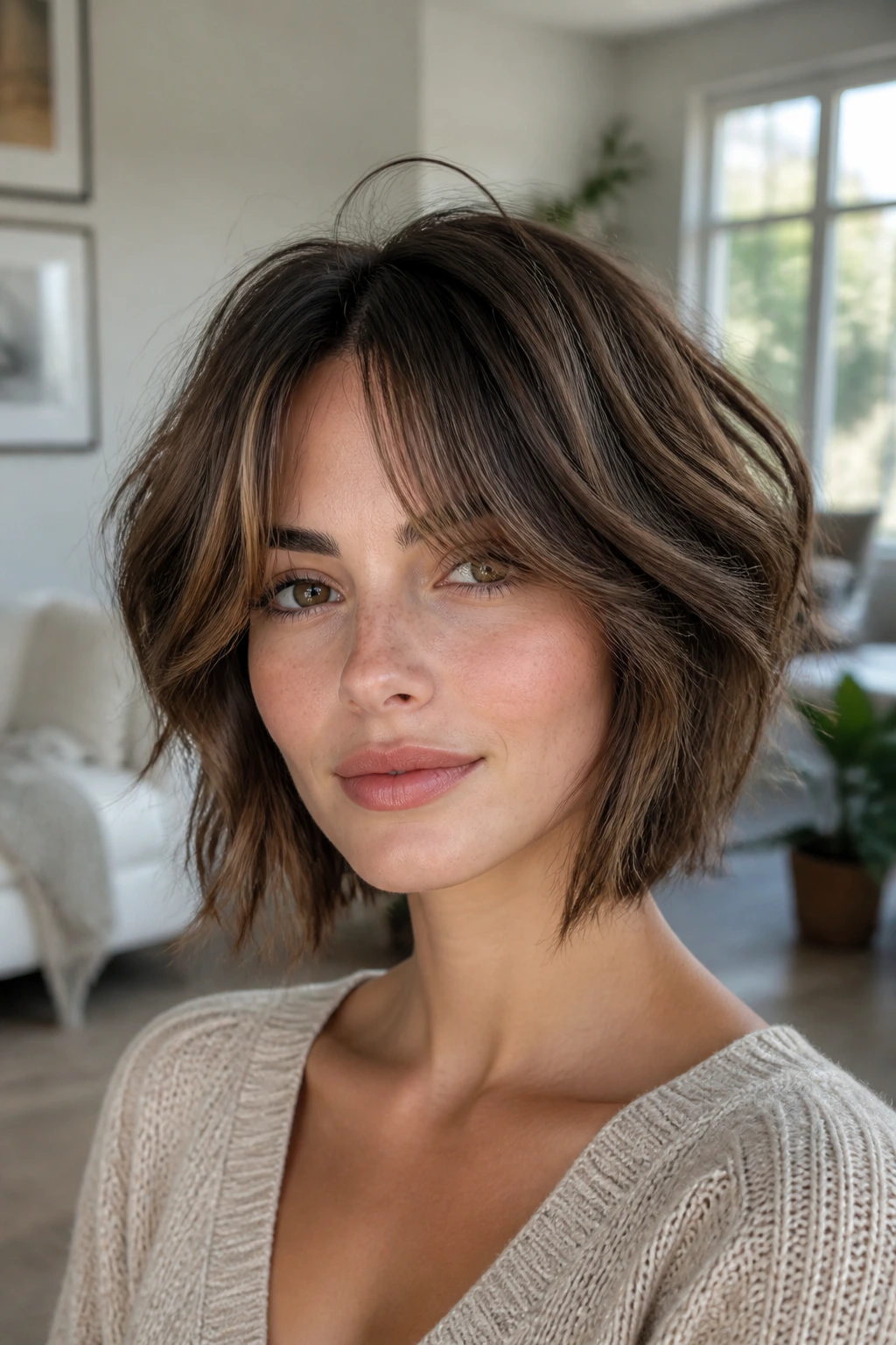 Portrait of a real woman with shaggy layered bob and curtain bangs