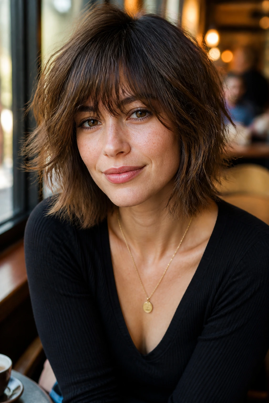 Close-up of a real woman with a shaggy layered bob and fringe
