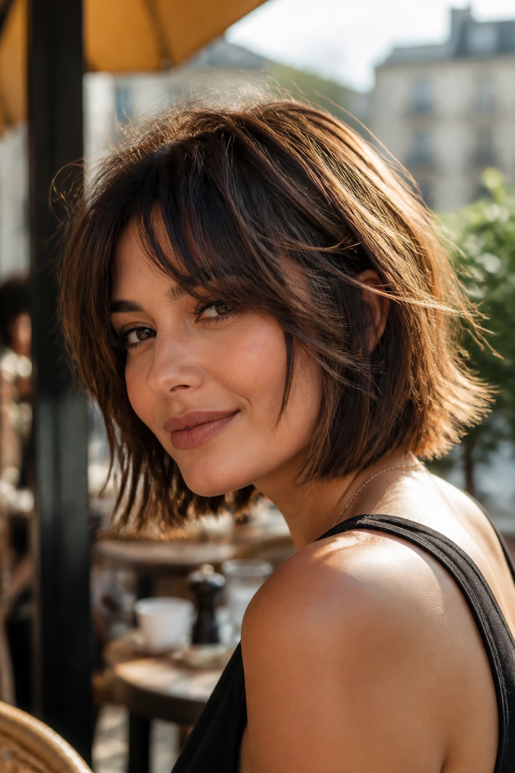 Close-up portrait of a woman with a shaggy layered bob and crown volume.