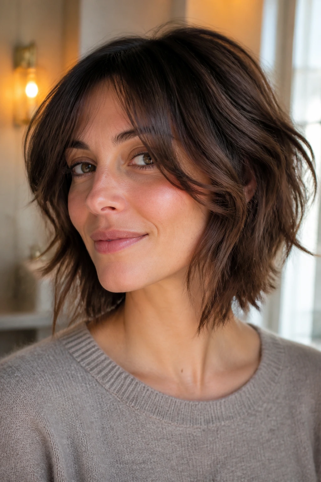 Portrait of a real woman with a softly layered shaggy bob showing texture and movement