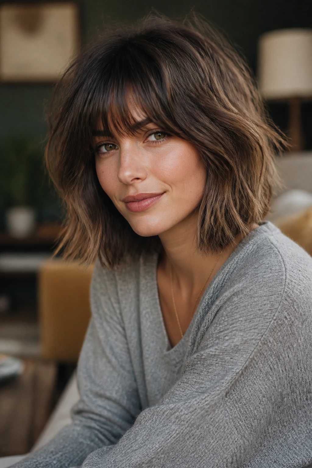 Portrait of a real woman with a shaggy layered bob and thick bangs in a cozy living room.