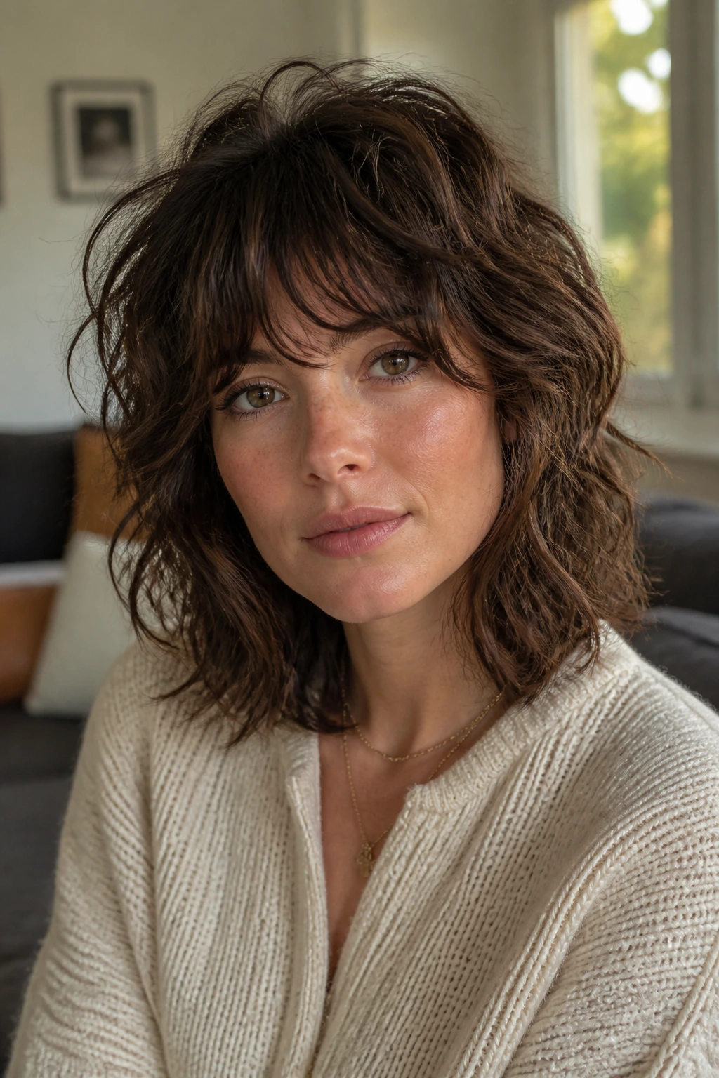 Close-up portrait of a woman with a shaggy layered lob and piecey bangs in natural window light