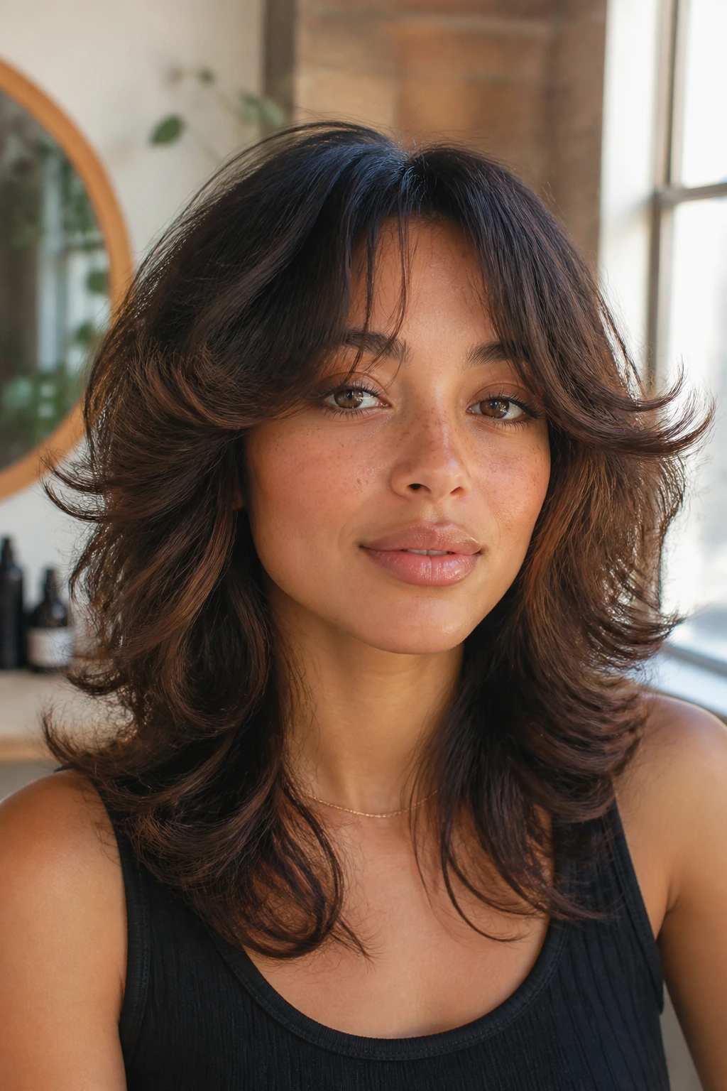 Close-up of textured hair with shaggy 70s layers and curtain bangs