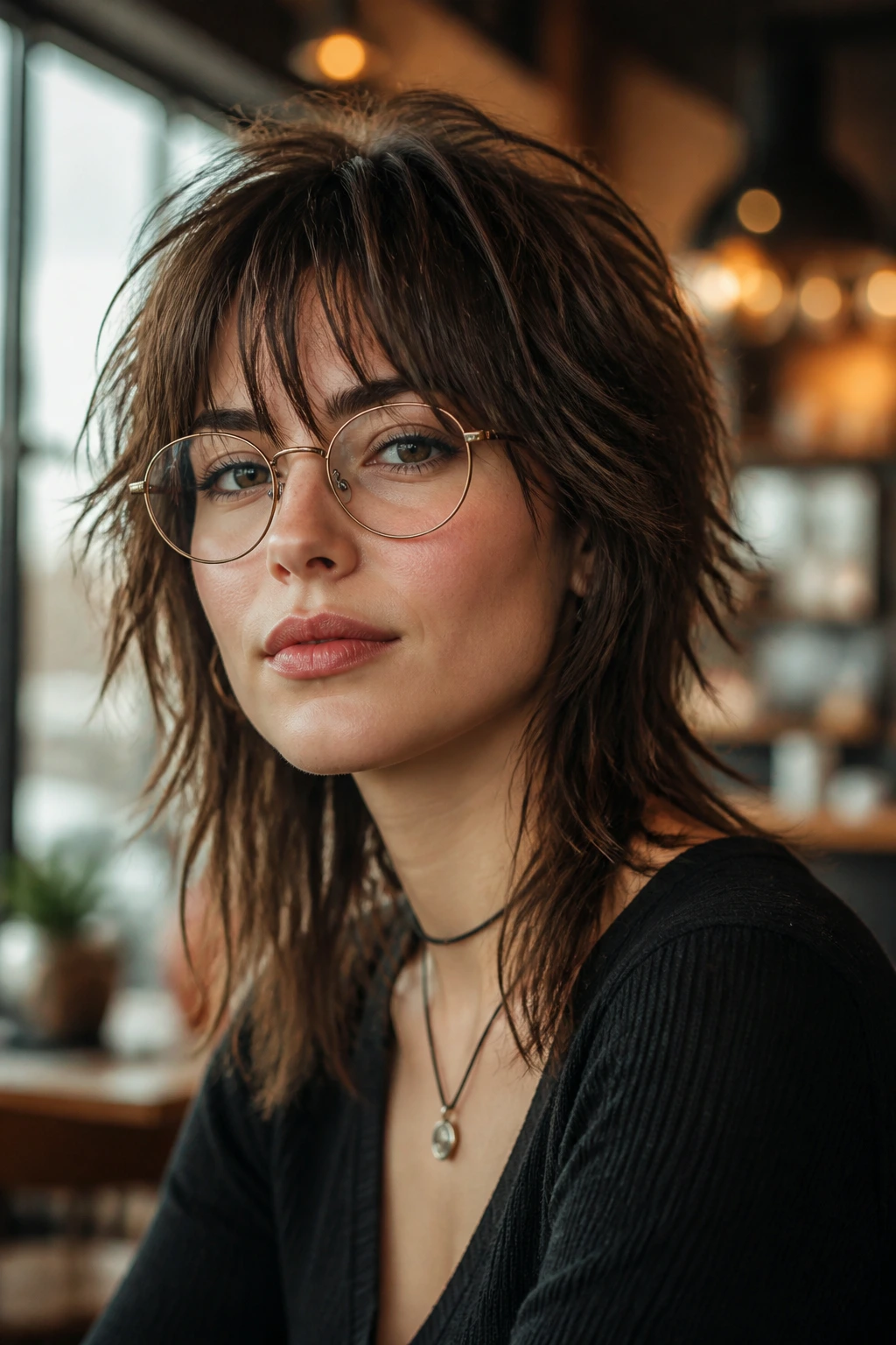 Close-up of a woman with shaggy layered hairstyle wearing glasses in a cafe