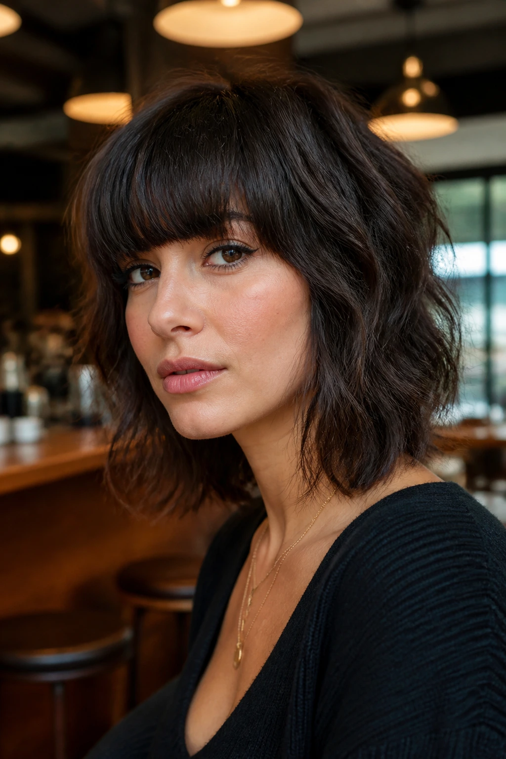 Real woman with a shaggy lob and blunt bangs in a chic café setting.