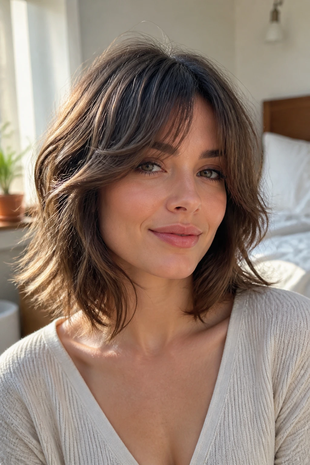 Portrait of a person with a shaggy lob and curtain bangs