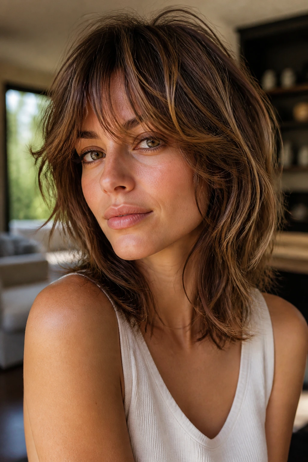 Close-up portrait of a real woman with shaggy layered lob and feathered fringe in natural window light