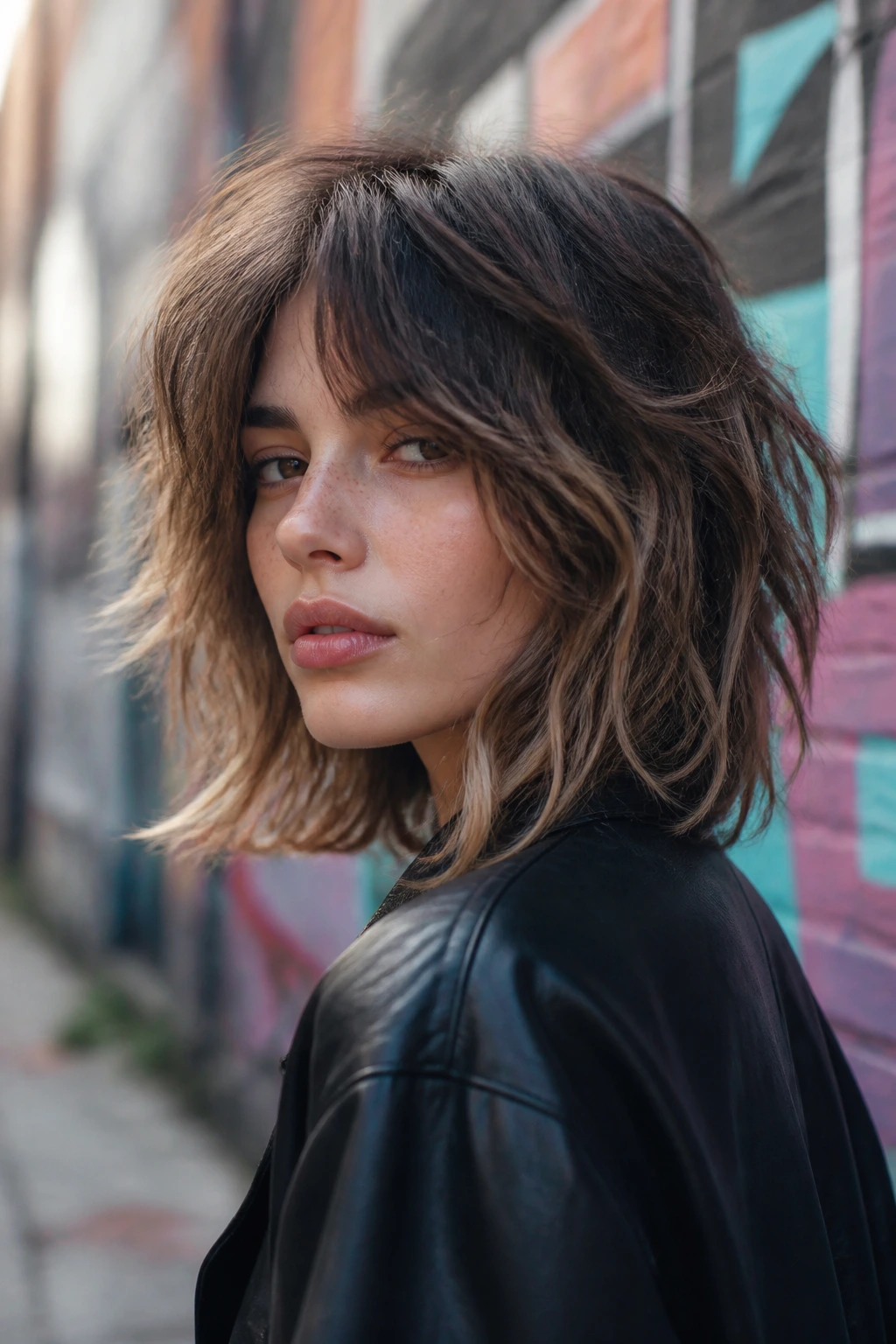 Close-up of a real person with a shaggy layered lob