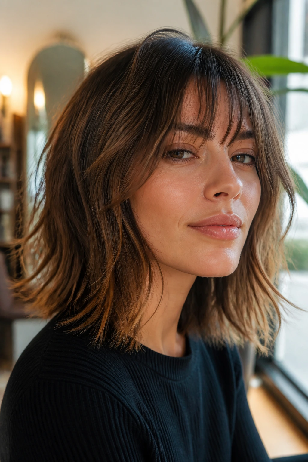 Close-up portrait of a woman with shaggy long bob and see-through bangs in warm salon light