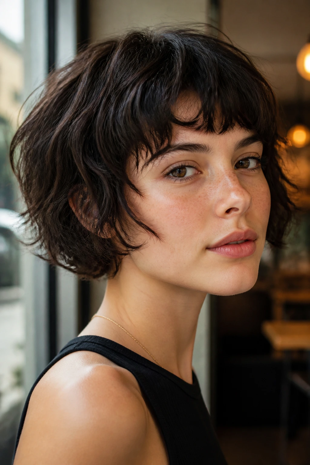 Close-up of a real person with a shaggy micro-bob showing cheekbone-length layers