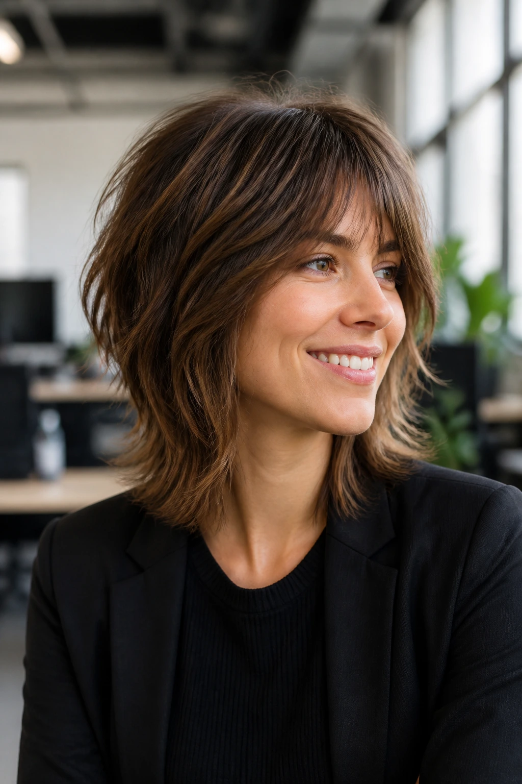 Close-up of a real person with a shaggy mid-length stack hairstyle in an office