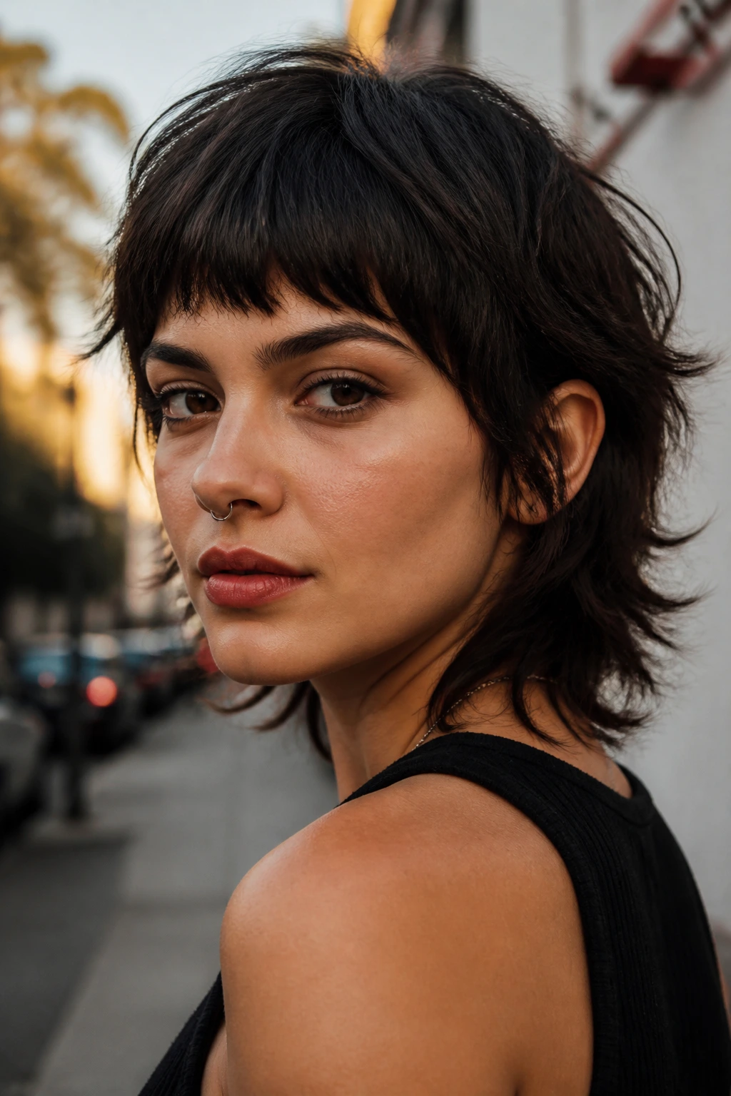 Close-up of a real woman with shaggy mullet bob and short bangs on an urban street.