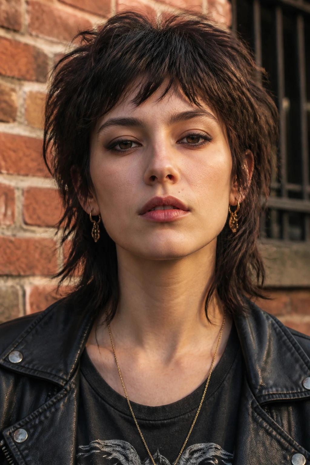 Close-up portrait of a real person with a shaggy mullet-bob hairstyle in urban lighting