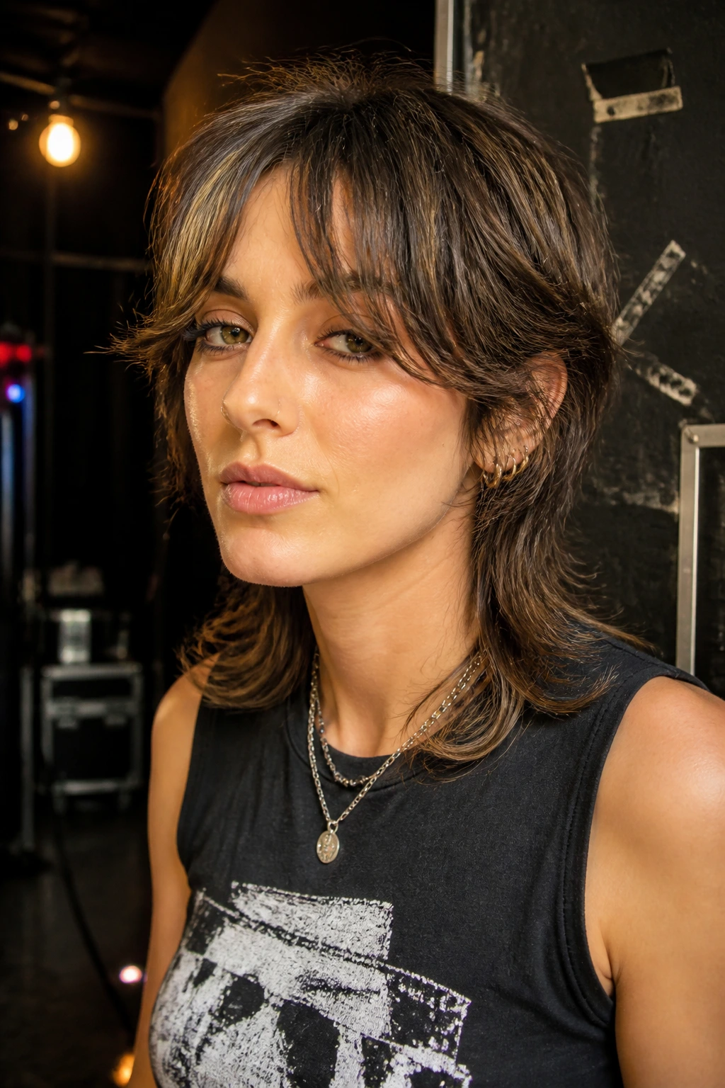 Close-up of a real person with shaggy mullet and curtain bangs backstage at a venue