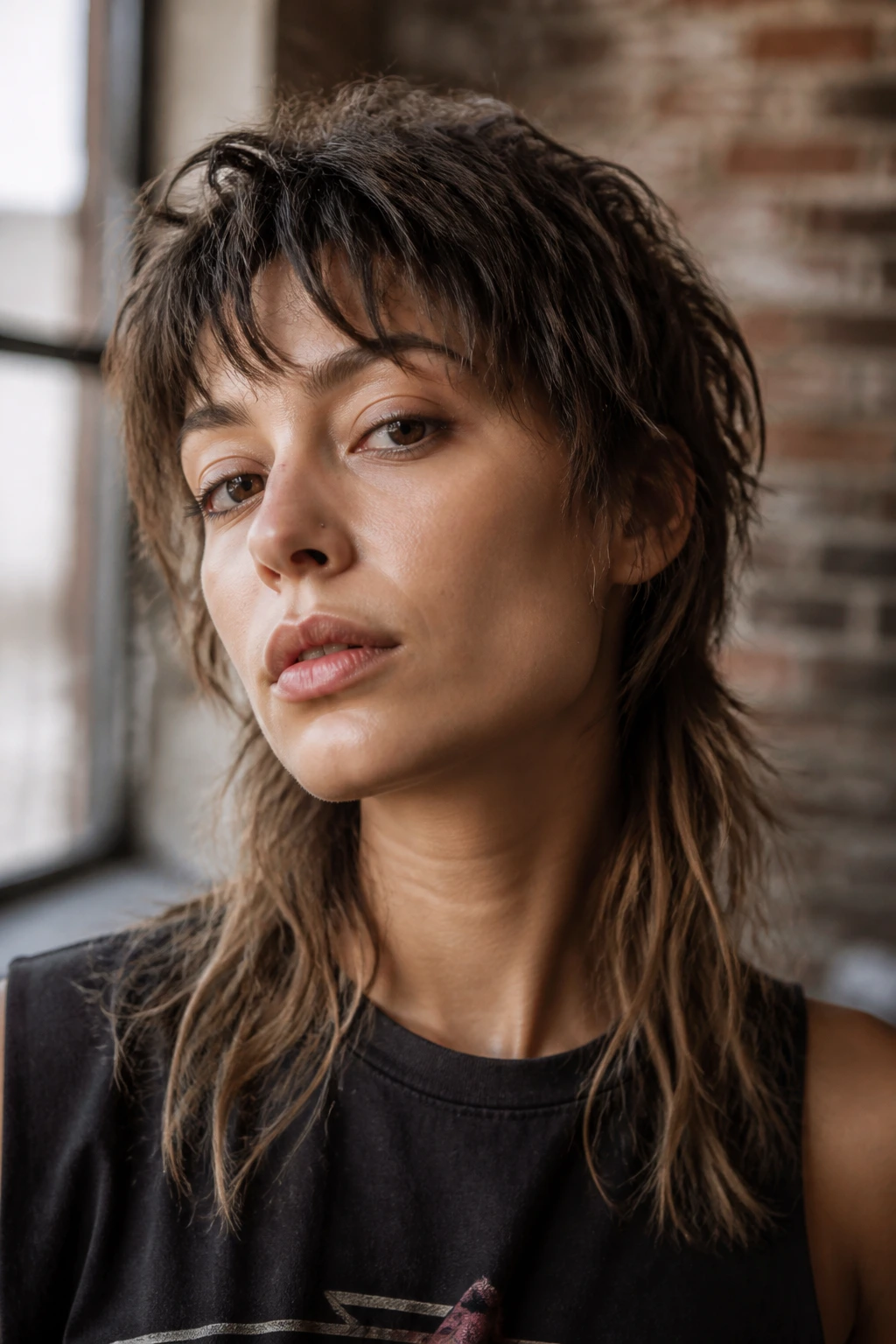 Close-up portrait of a real person with a shaggy mullet hairstyle