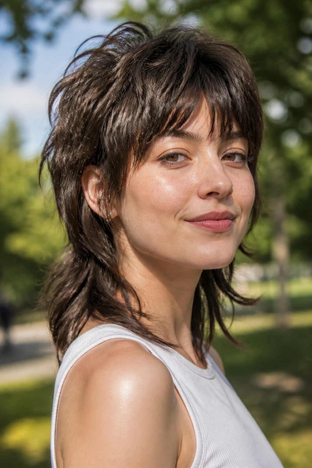 Portrait of a woman with a shaggy mullet-inspired cut outdoors
